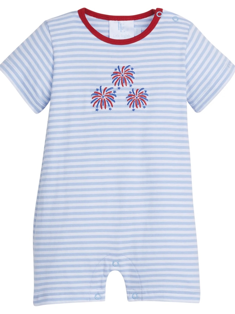 Little English Applique Romper Firecracker Blue Stripe 9 Month
